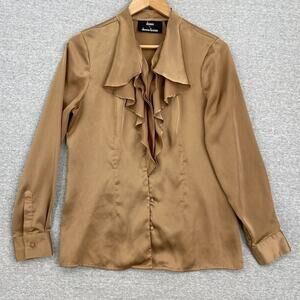 Dennis Basso Blouse Womens Extra Small Brown Silky Button Up Long Sleeve Ruffle
